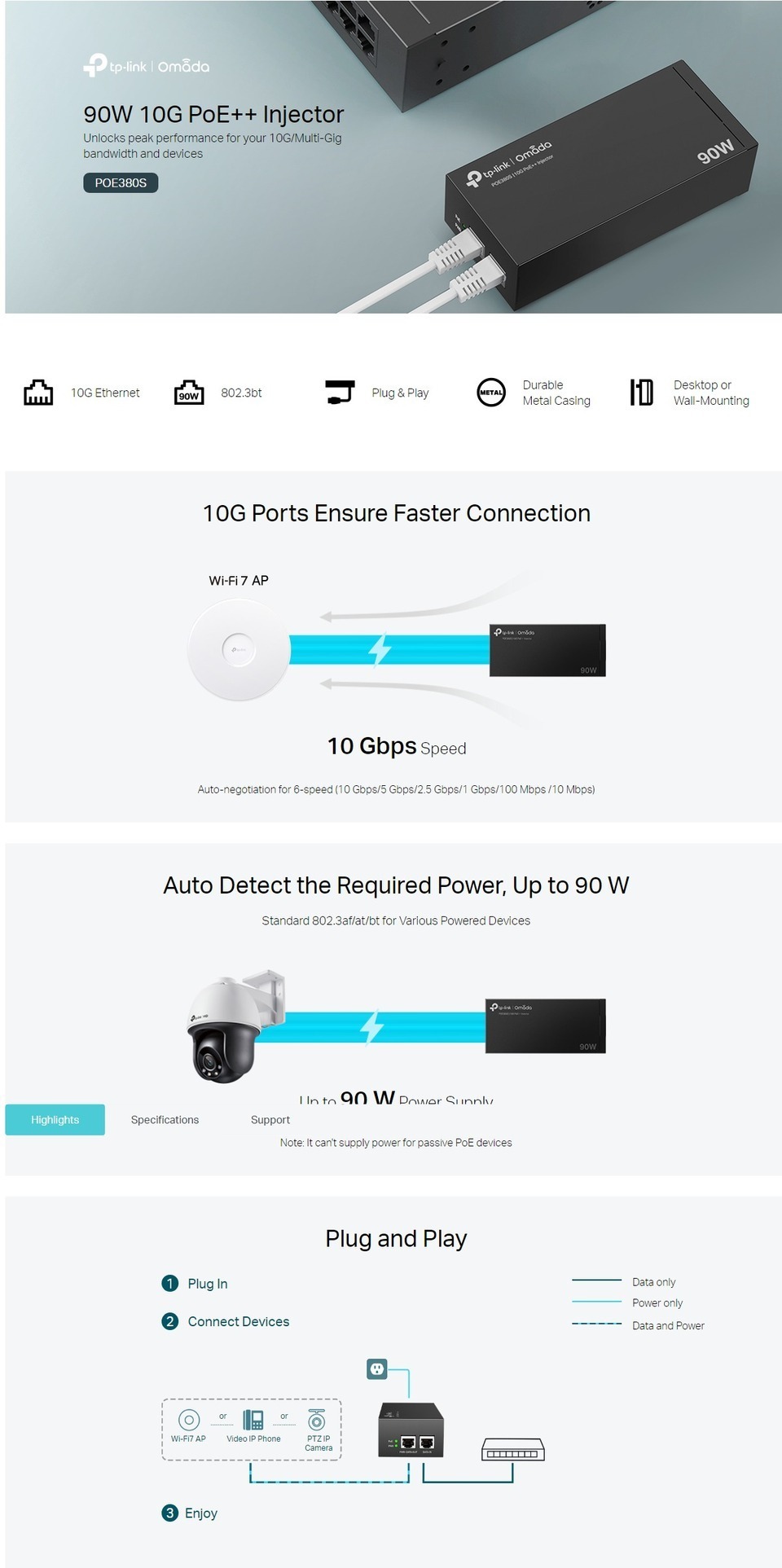 tp-link omada poe380s 10gb poe injector