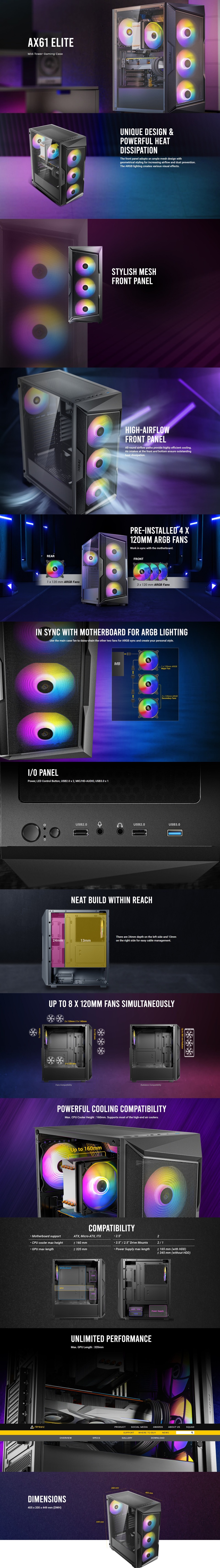 antec ax61 elite argb black tg mid-tower atx case caa-ax61el