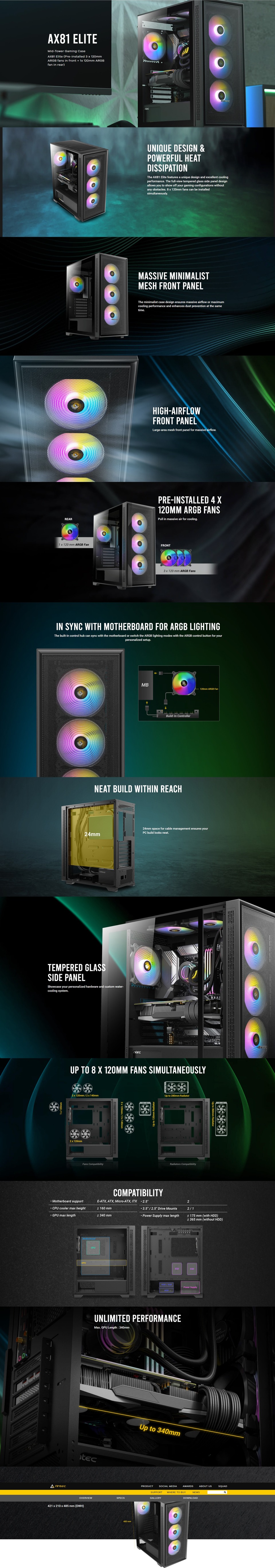 antec ax81 elite argb tg mid-tower e-atx black case caa-ax81el