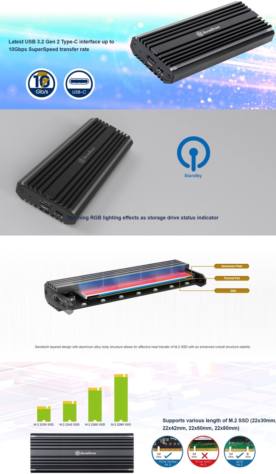 silverstone ms13 usb-c 32 gen2 10gbps nvme sata m2 ssd rgb enclosure