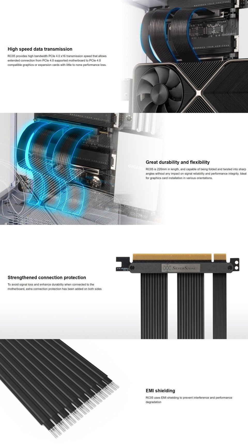 silverstone 220mm high-quality flexible pcie 40 x16 riser cable