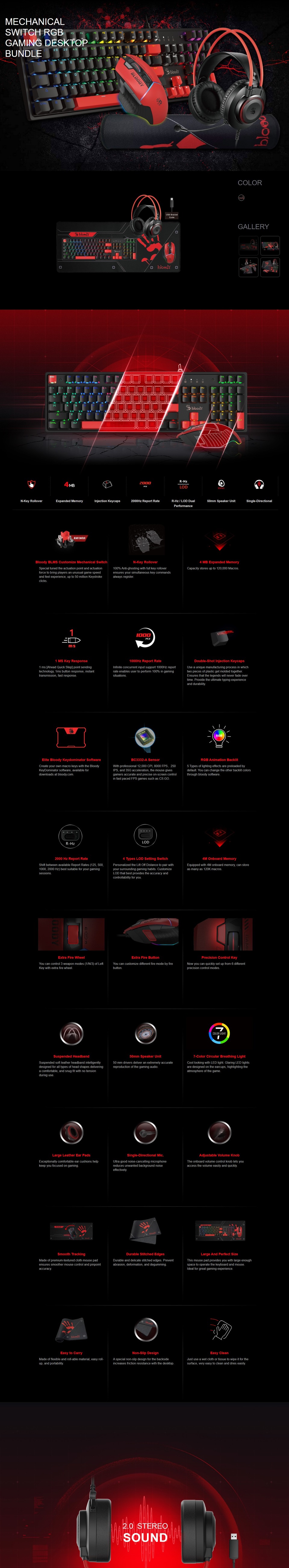 bloody gaming bundle - keyboard mouse mouse pad and headset