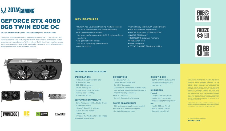 zotac rtx 4060 twin edge 8gb oc graphics card zt-d40600h-10m