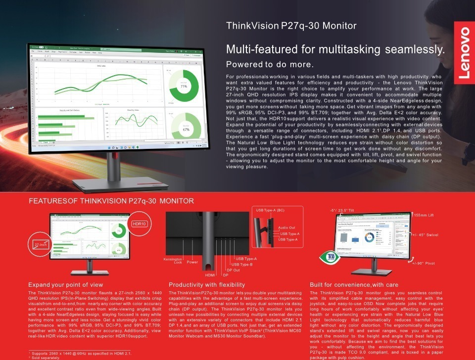 27 lenovo thinkvision p27q-30 qhd ips monitor with usb hub