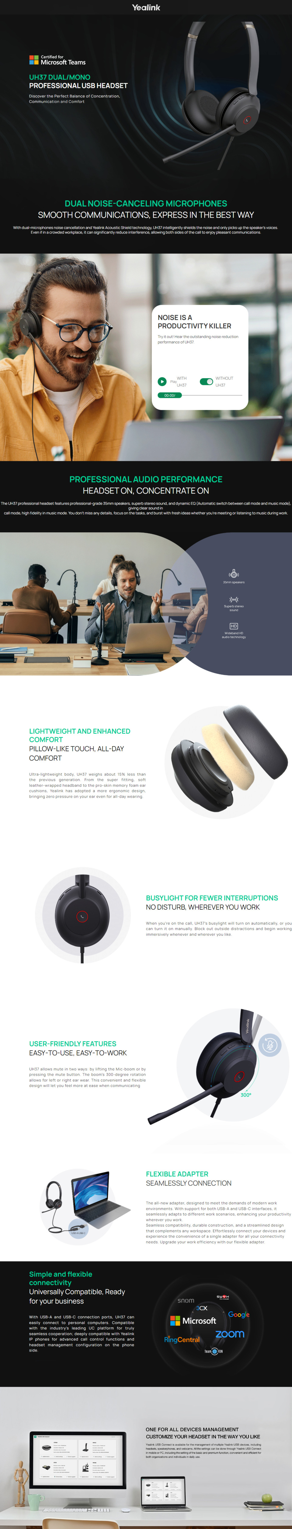 yealink uh37-dual-teams-usb-ca ms team certified wired headset with usb-ca adapter