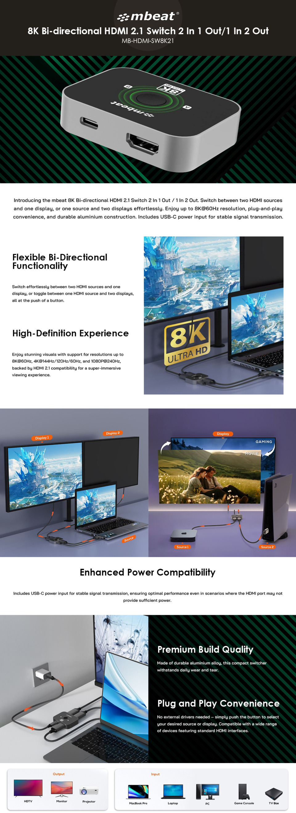 mbeat 8k bi-directional hdmi 21 switch 2 in 1 out 1 in 2 out