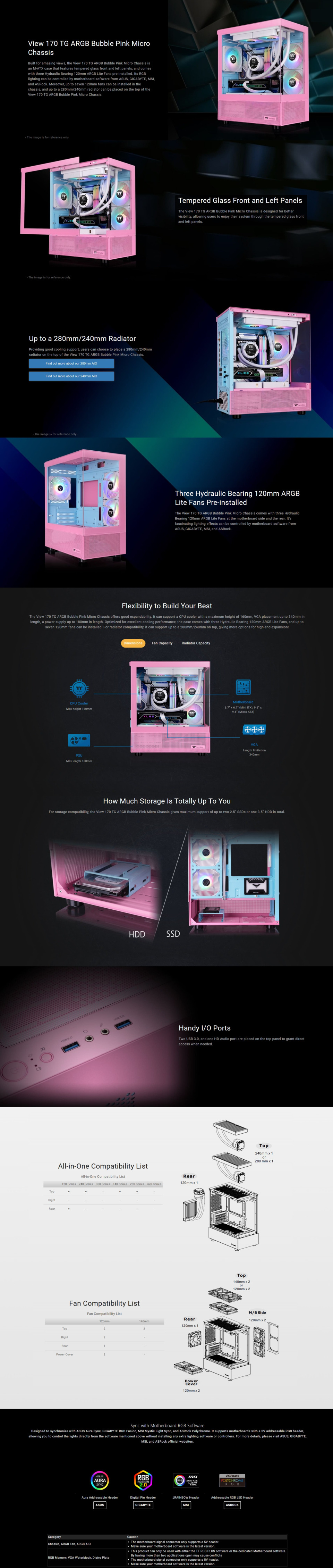 thermaltake view 170 tg argb bubble pink micro-atx case