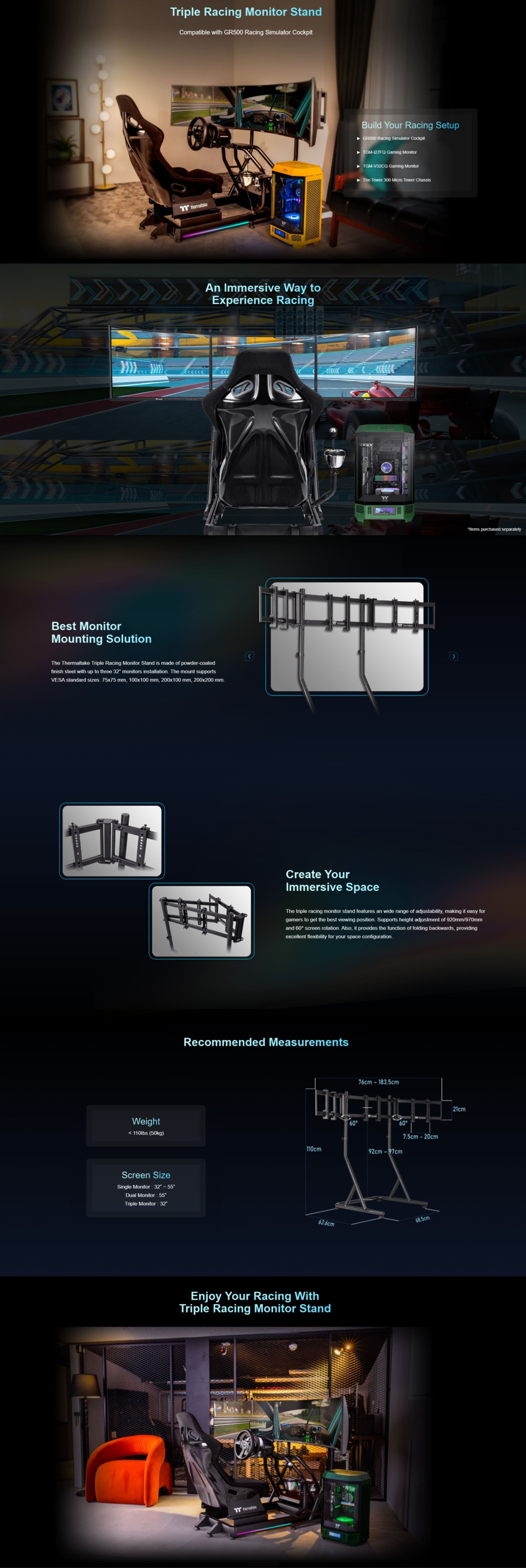 thermaltake gaming triple racing monitor stand for cockpit