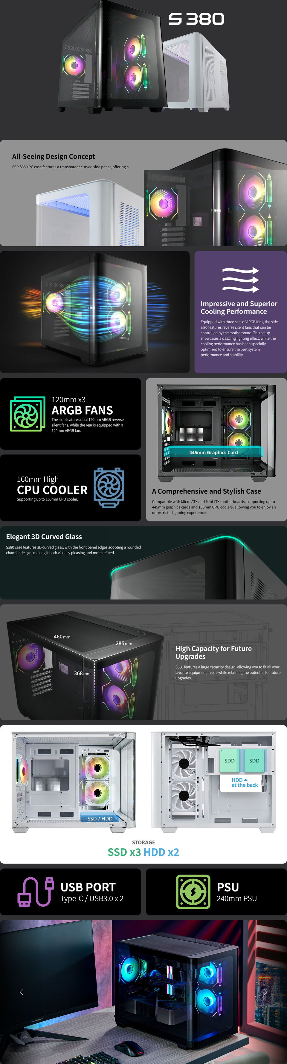 fsp s380-wa micro-atx mid-tower tg case with curved side panel