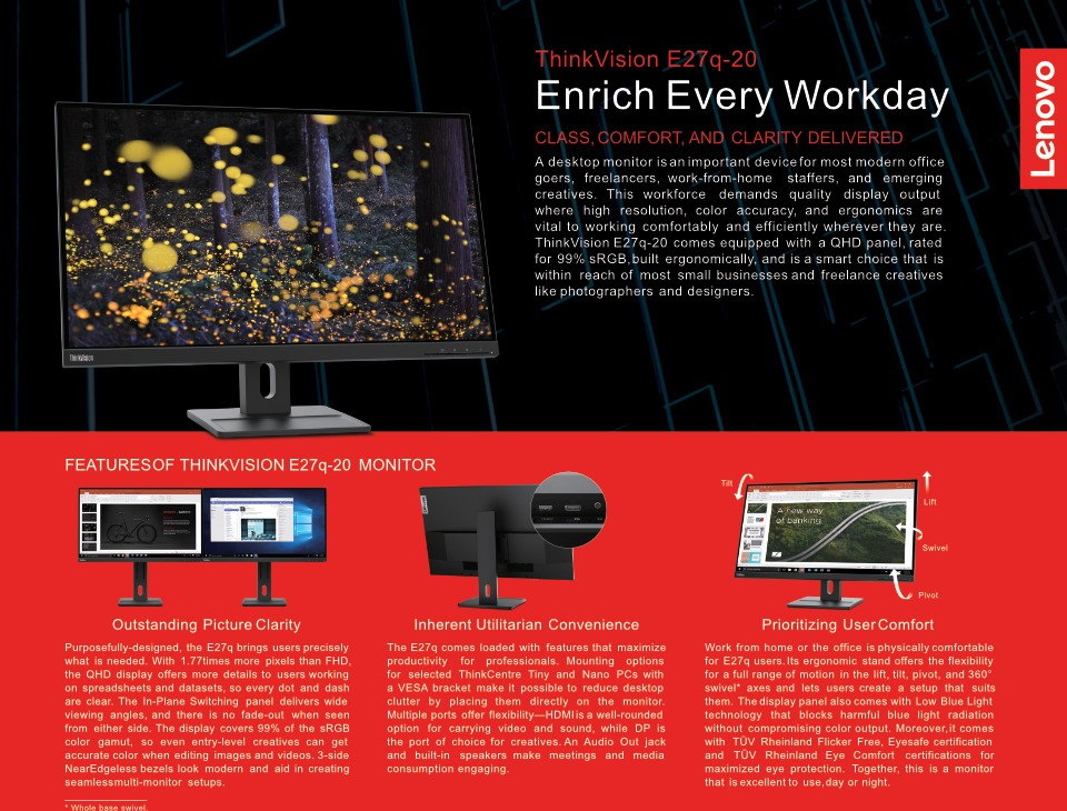 27 lenovo thinkvision e27q-20 qhd 75hz ips monitor