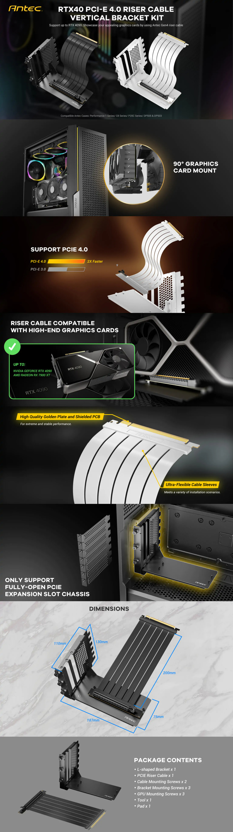 antec adjustable vertical bracket 200mm high performance pci-e riser cable