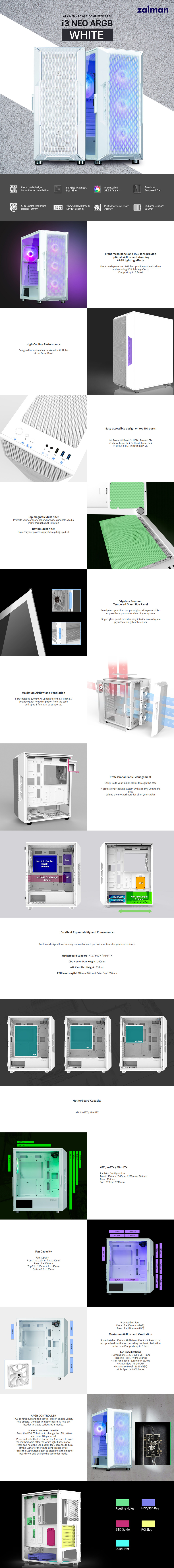 zalman i3 neo argb atx mid-tower case white