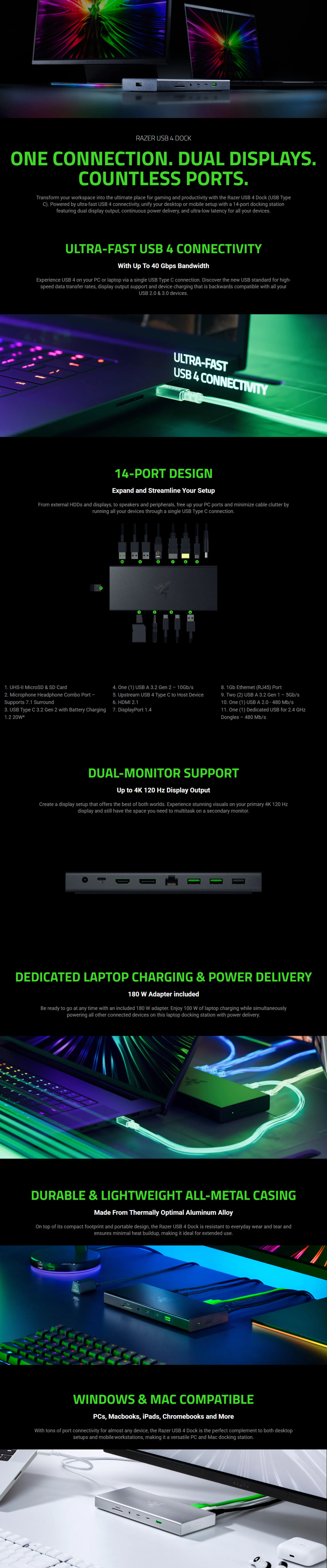 14-port razer usb 4 dock for dual displays black
