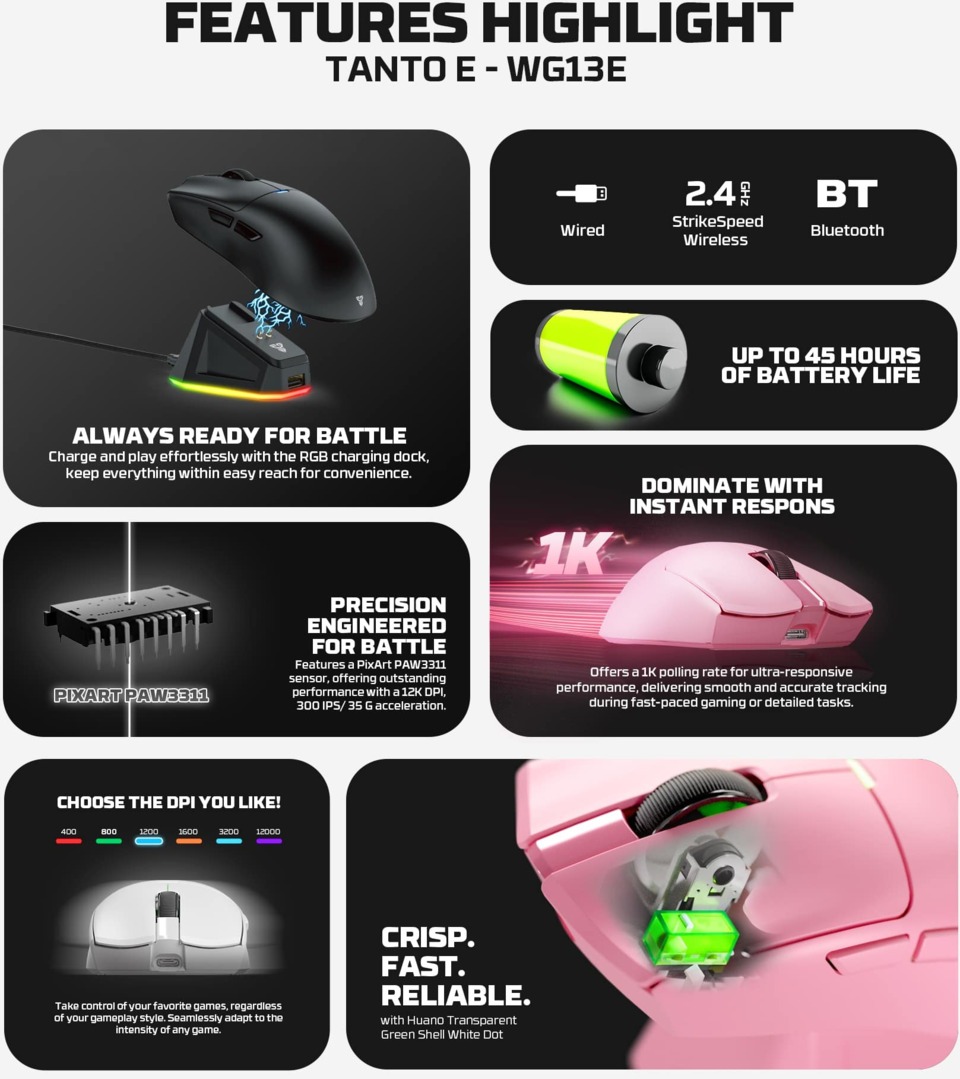 fantech tanto e wireless gaming mouse with dock black