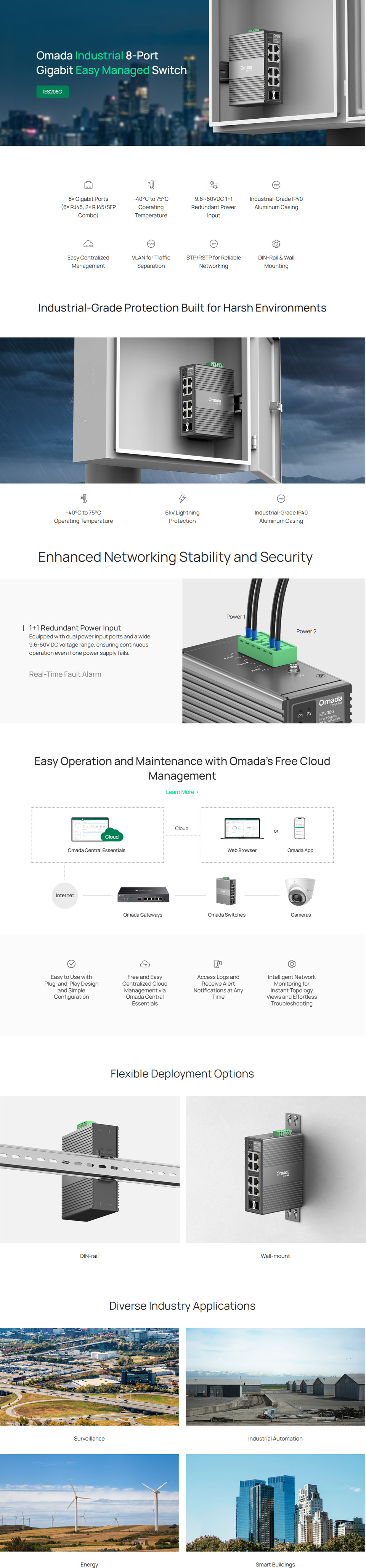 8-port tp-link ies208g omada gigabit industrial easy managed switch