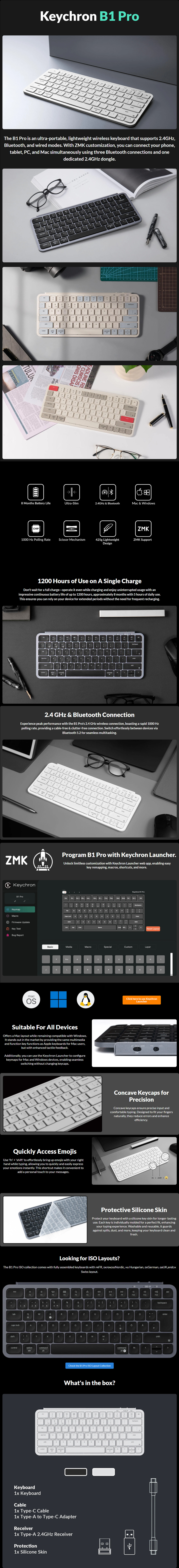 keychron b1 pro ultra-slim scissor-switch mechanical wireless keyboard retro red
