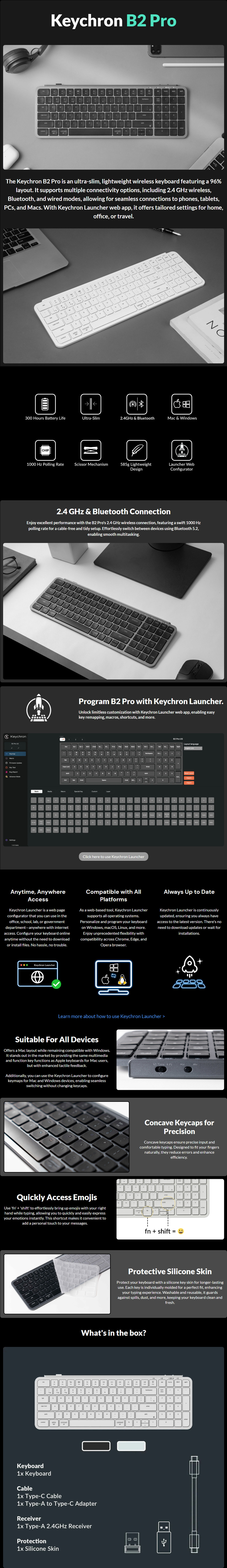 keychron b2 pro ultra-slim scissor-switch mechanical wireless keyboard black