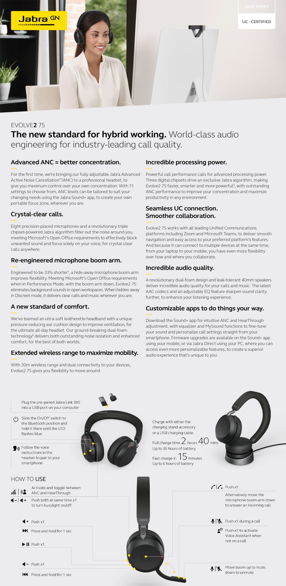 jabra evolve2 75 usb-c ms stereo bluetooth wireless headset
