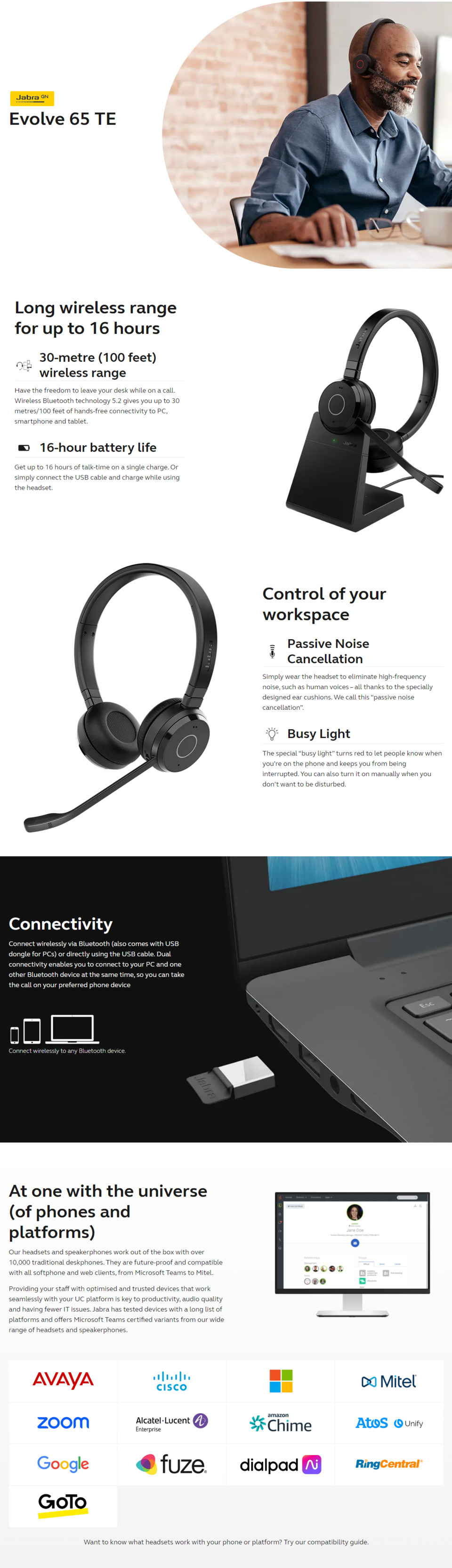 jabra evolve 65 te ms stereo wireless bluetooth headset