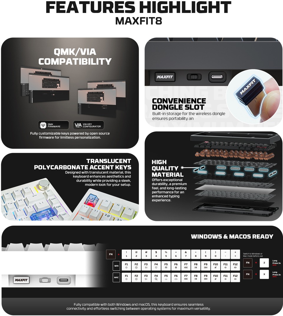 fantech maxfit8 qmk wireless linear mechanical keyboard black