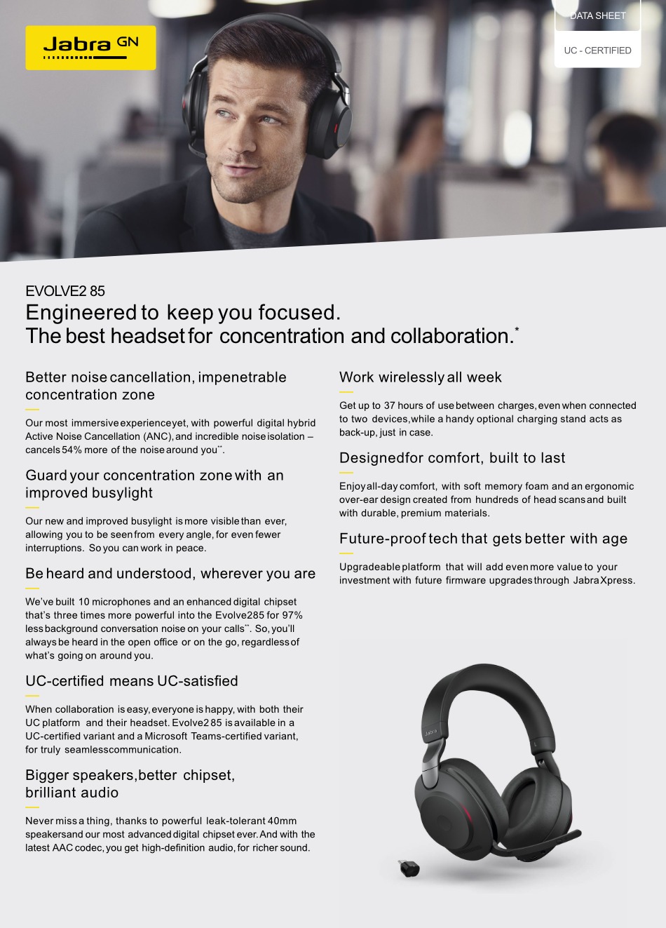 jabra evolve2 85 usb-c ms stereo anc bluetooth wireless headset