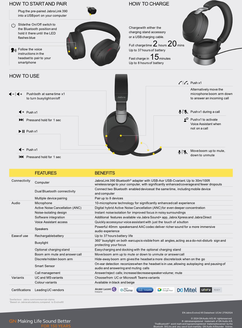 jabra evolve2 85 usb-c ms stereo anc bluetooth wireless headset
