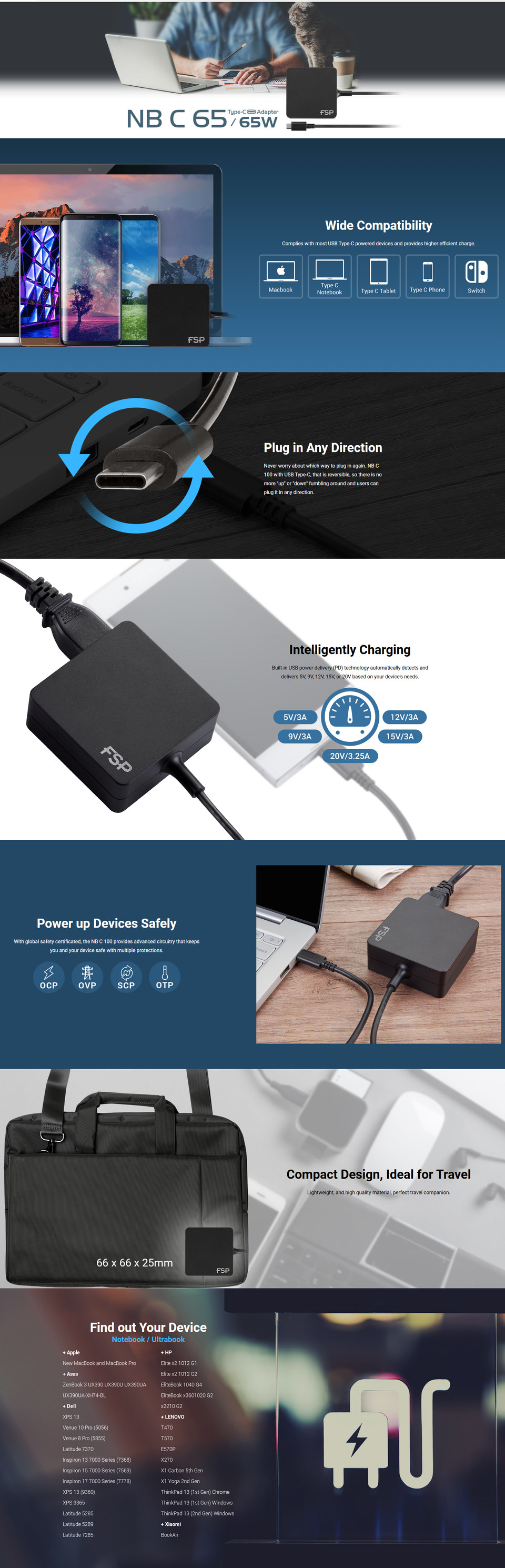 fsp 65w usb-c ac universal laptop charger