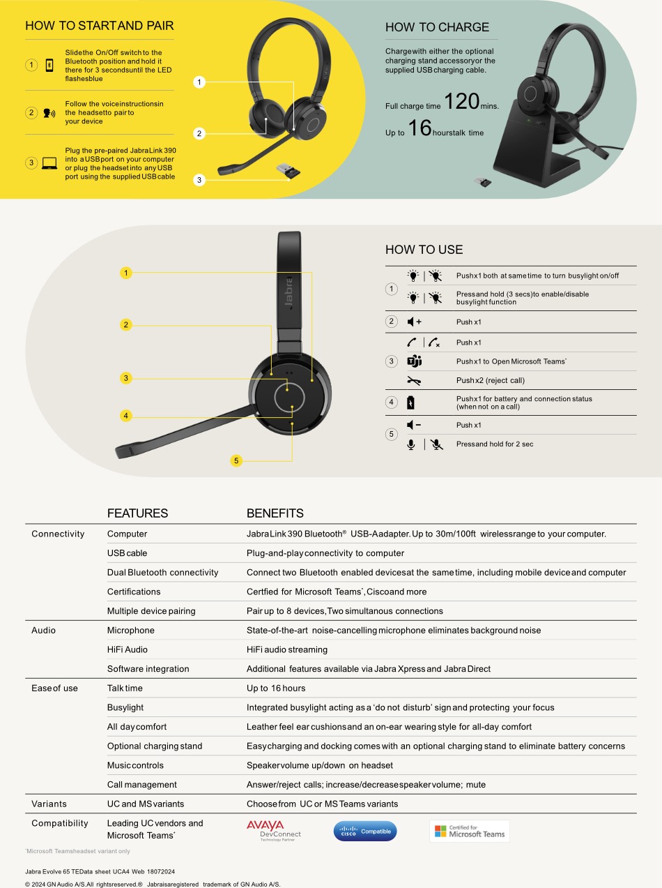 jabra evolve 65 te uc stereo bluetooth headset with base