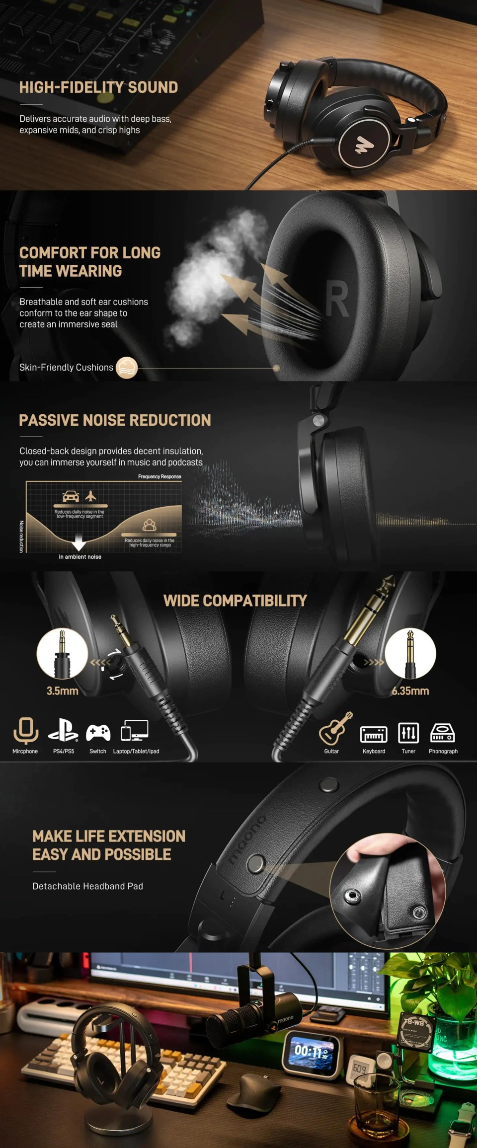 maono mh700 monitoring headphones black