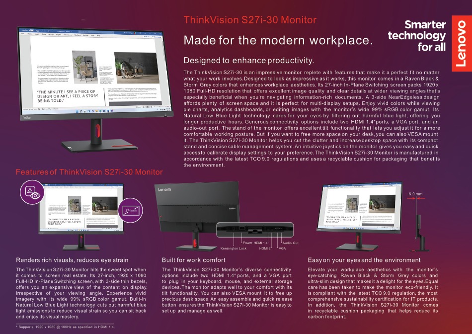 27 lenovo thinkvision s27i-30 fhd 100hz ips monitor