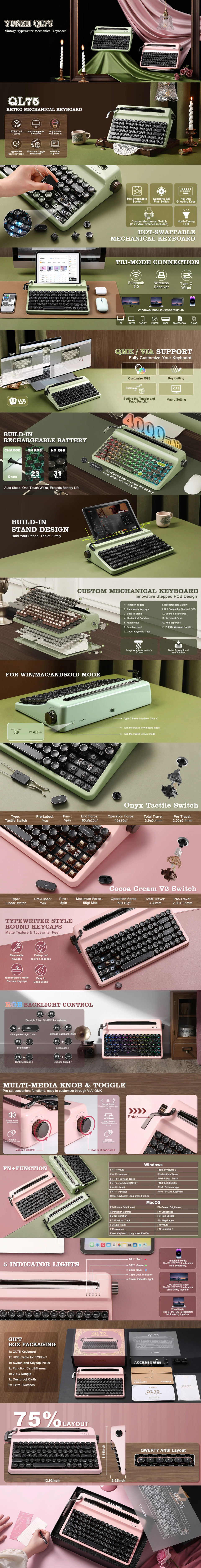 yunzii ql75 retro typewriter wireless tactile mechanical keyboard pink