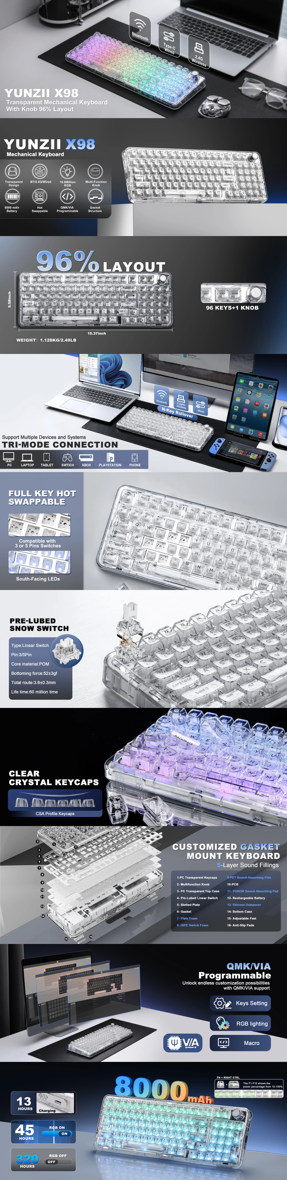 yunzii x98 transparent wireless mechanical linear keyboard white
