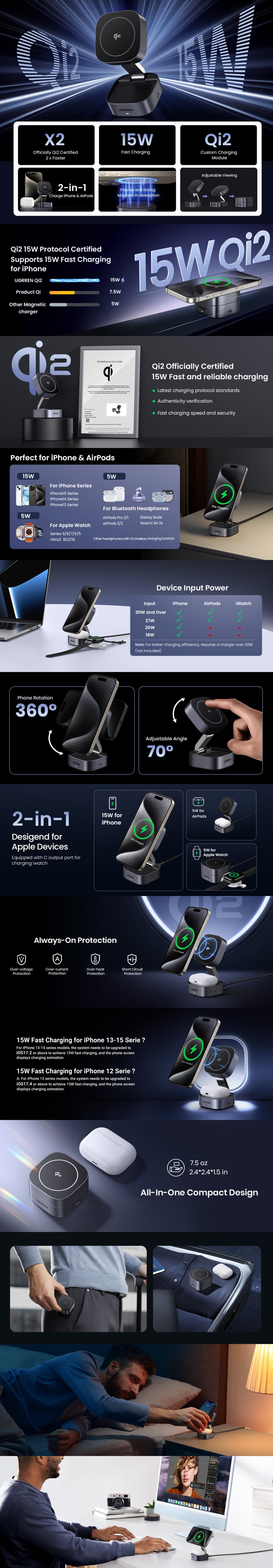 ugreen 2-in-1 qi2 magnetic foldable fast charging station