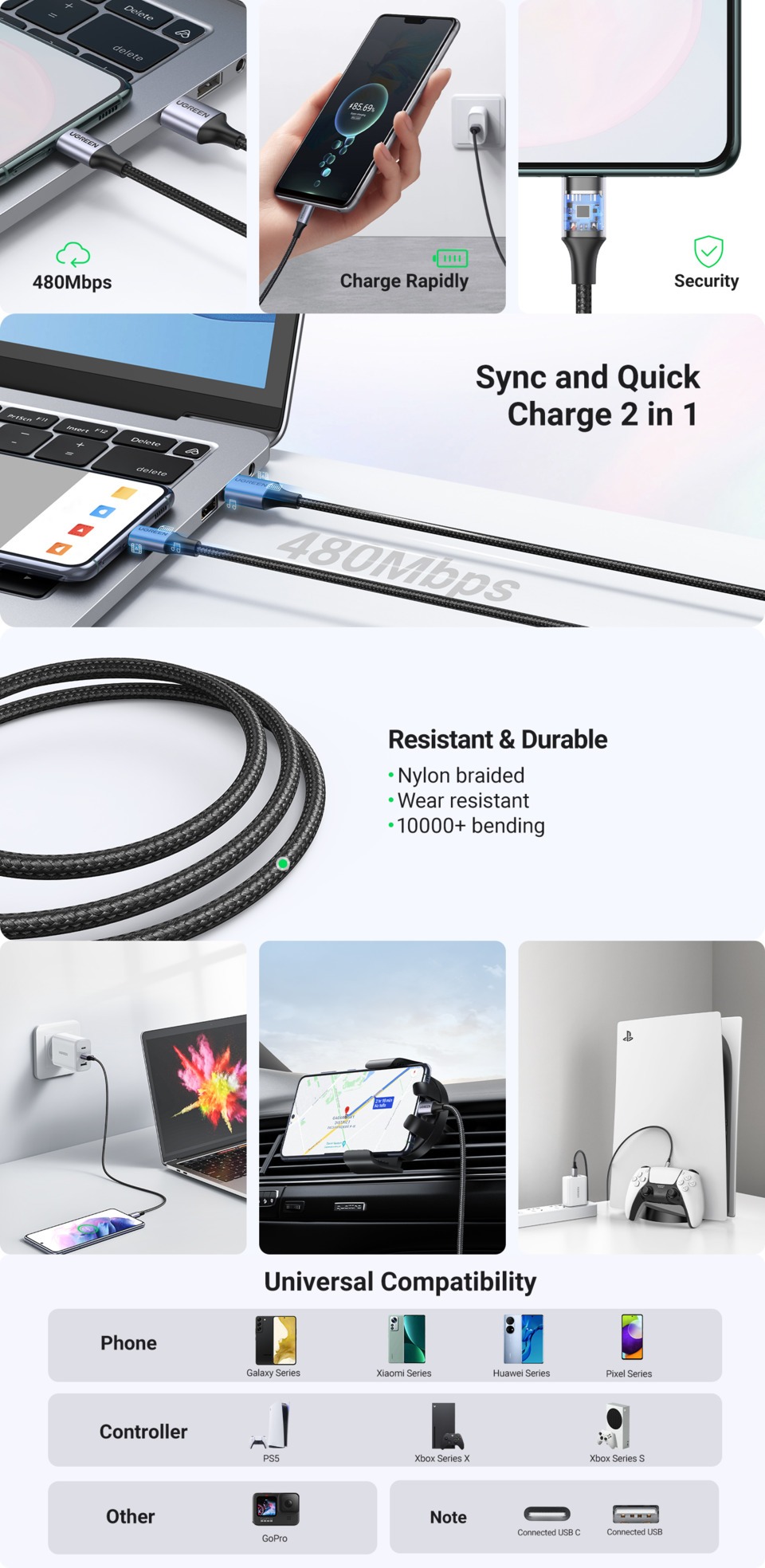 2m ugreen usb-a to usb-c braided fast-charging cable