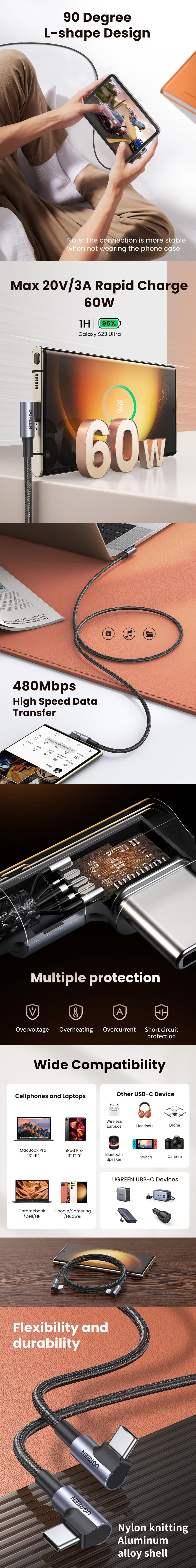 2m ugreen 60w usb-c braided right angle fast-charging cable