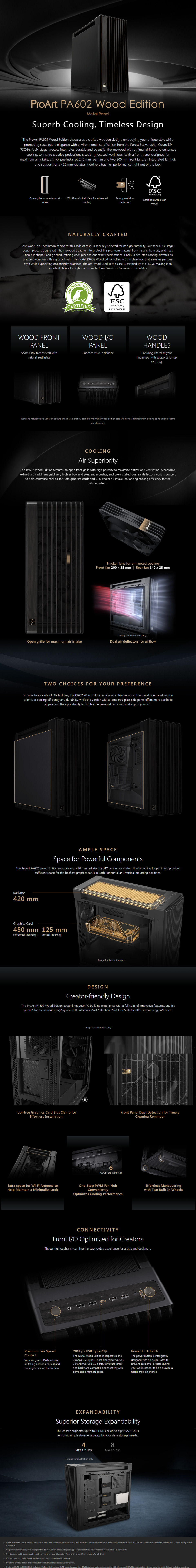 asus proart pa602 wood edition tg e-atx metal panel case black