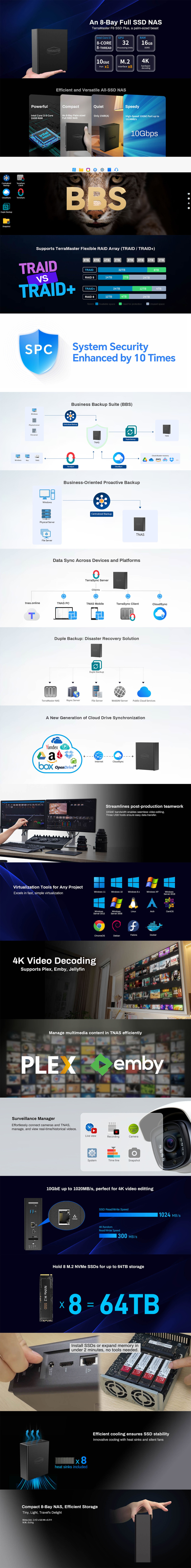 8 bay terra master f8 ssd plus intel core i3 16gb m2 nas
