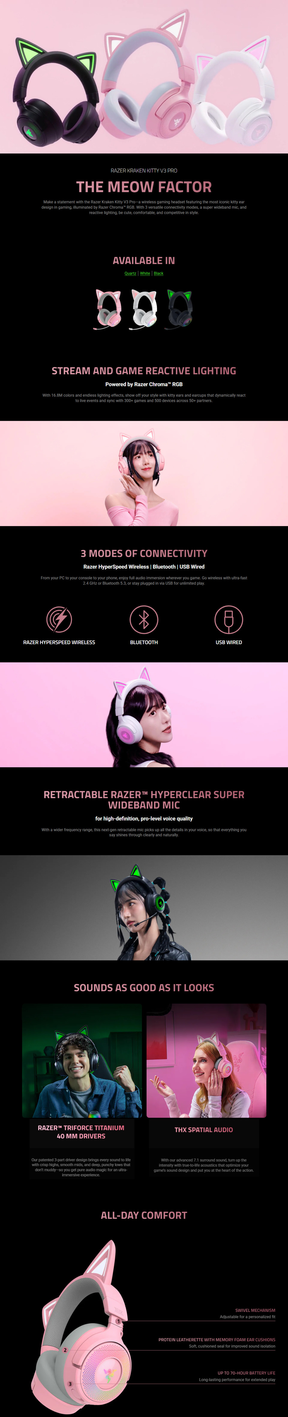 razer kraken kitty v3 pro wireless gaming headset quartz