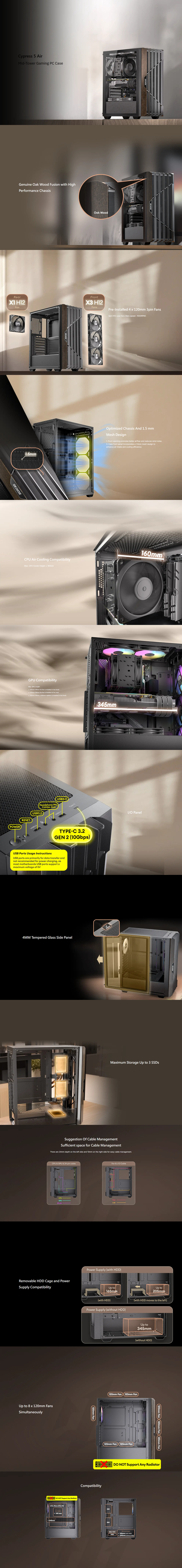 okinos cypress 5 air mid-tower gaming case black with wood