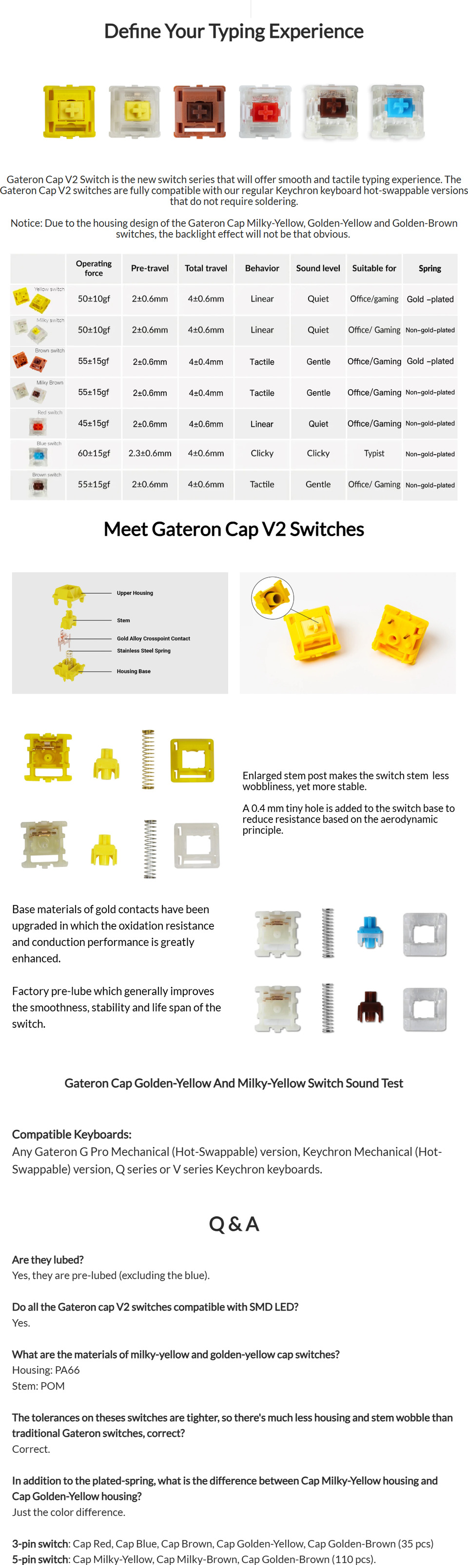 keychron gateron cap v2 switches milky yellow cap 110 pack