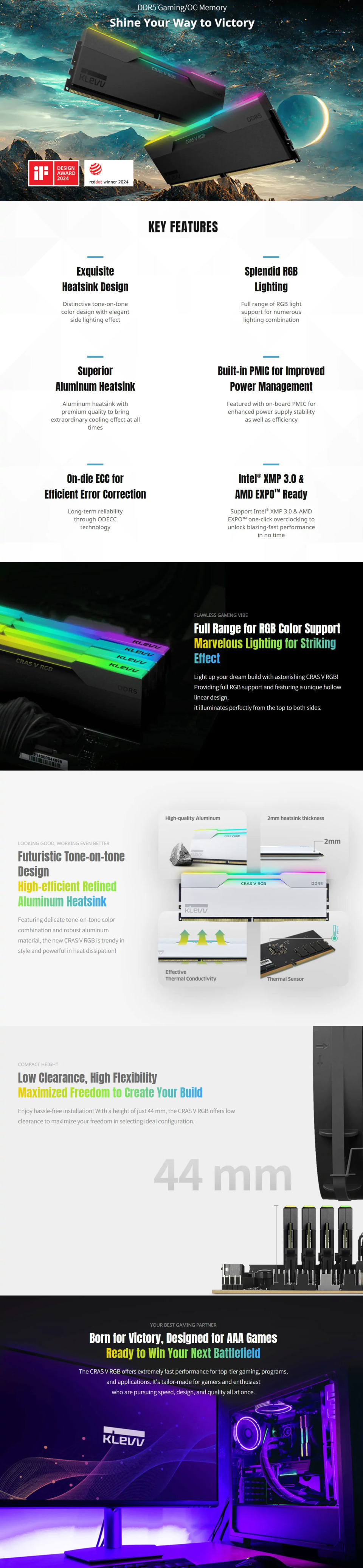 32gb 2x16g klevv cras v rgb 6000mts ddr5 memory kit black