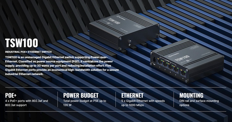 4 port teltonika tsw100 industrial poe gigabit switch