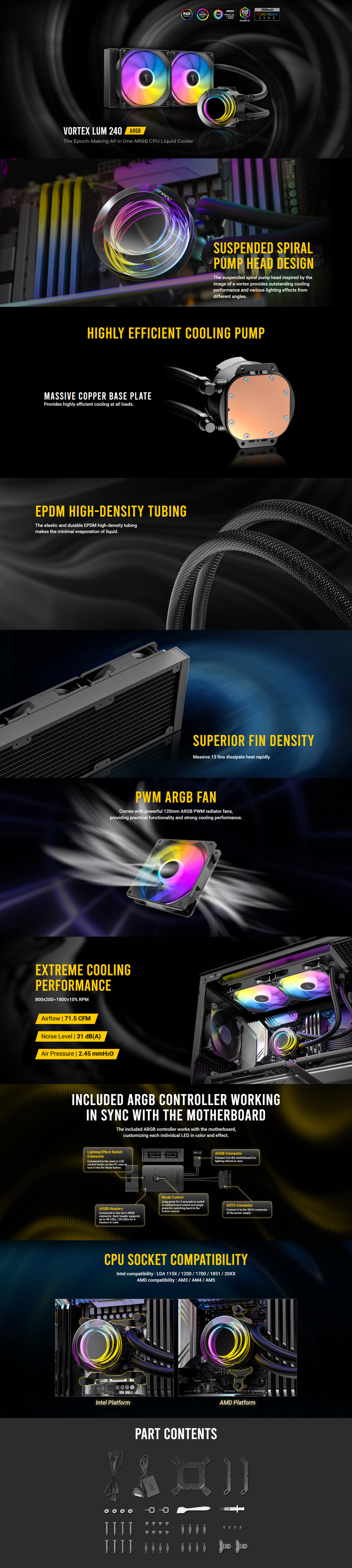 240mm antec vortex lum 240 argb liquid cpu cooler