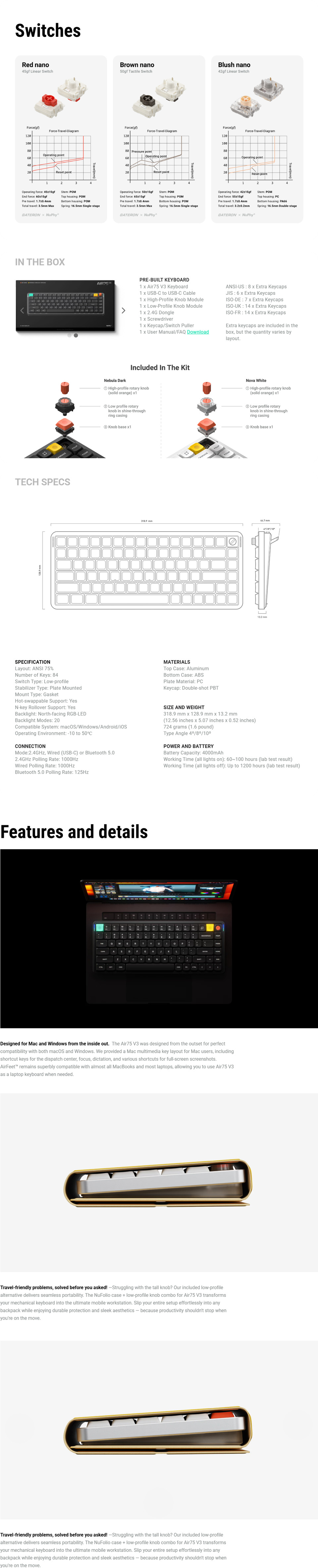 nuphy air75 v3 low-profile wireless linear mechanical keyboard black
