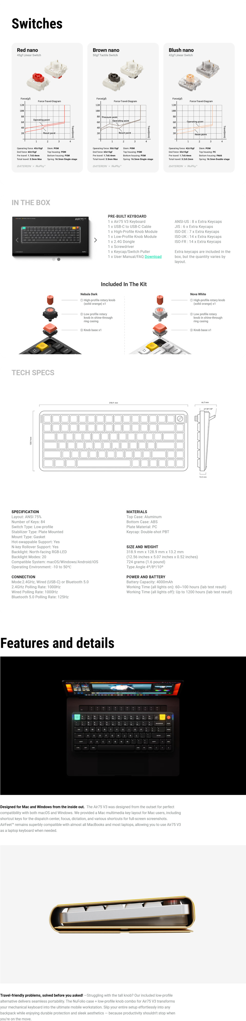 nuphy air75 v3 low-profile wireless linear mechanical keyboard black