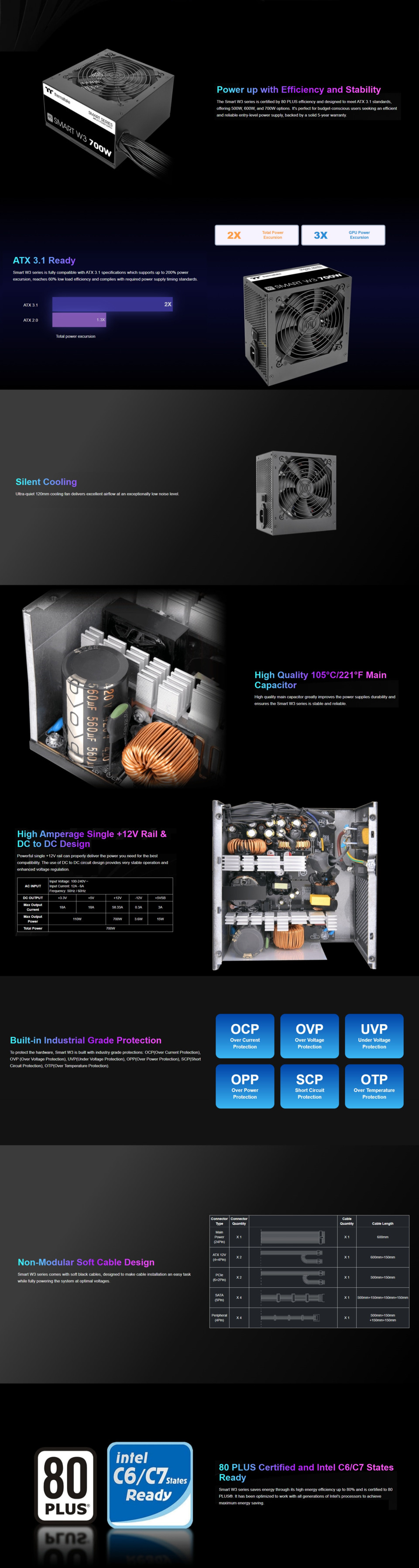 700 watt thermaltake smart w3 atx 31 power supply