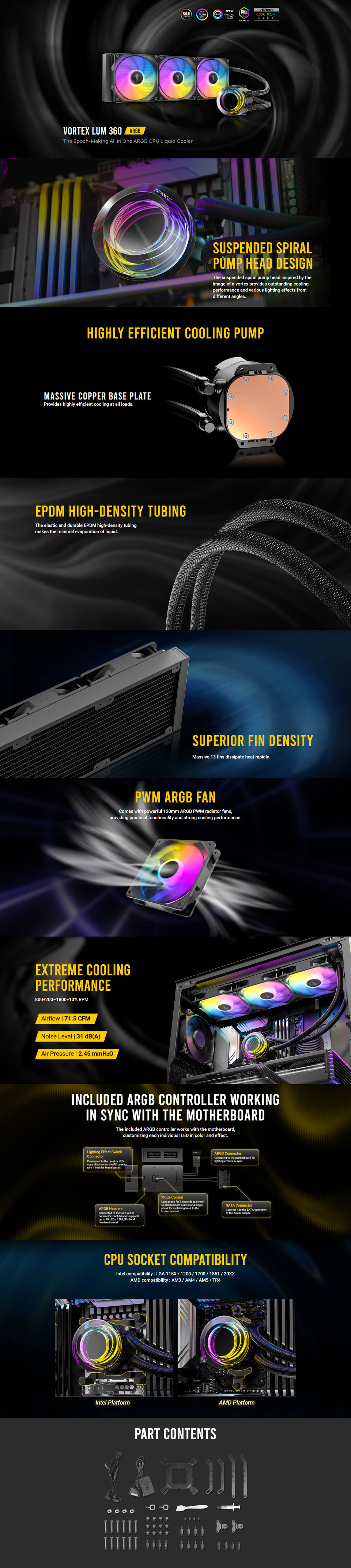 360mm antec vortex lum 360 argb liquid cpu cooler
