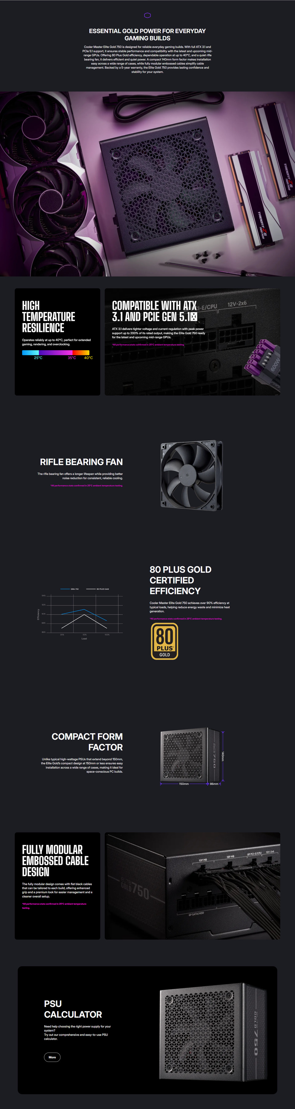 750 watt cooler master elite gold 750 gold atx gen5 modular power supply black