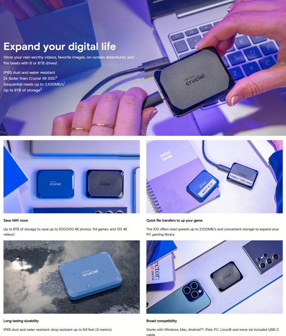 2tb crucial x10 portable usb-c ssd blue