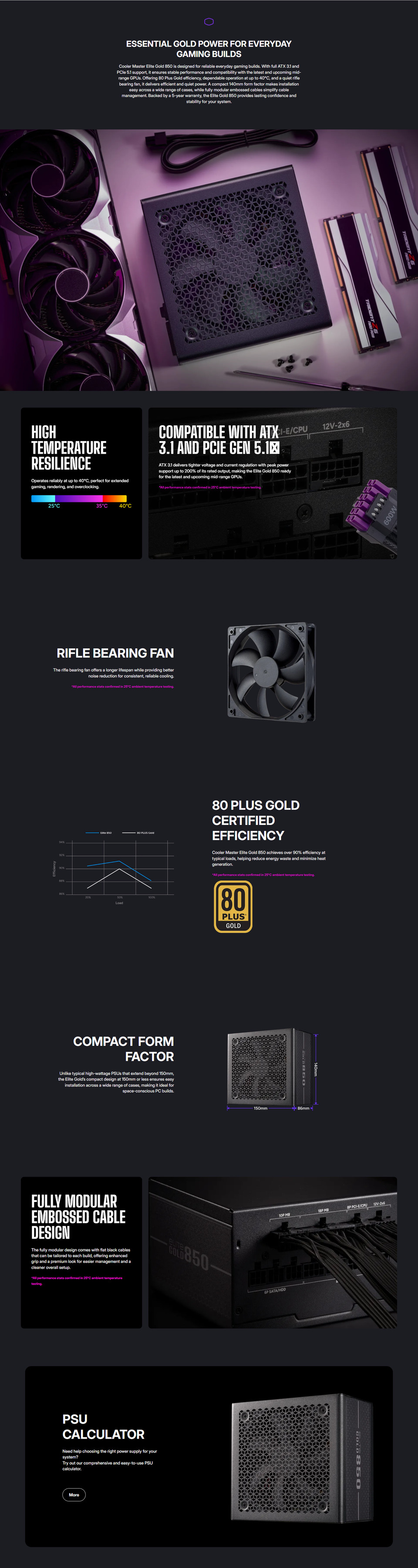 850 watt cooler master elite gold 850 gold atx gen5 modular power supply black